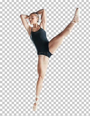 Creative, ballet and woman doing classical dance for concert, performance or theater training. Art, moving and flexible female ballerina dancer practicing jump isolated by transparent png background.