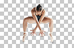 Creativity, art and ballet, woman isolated on transparent png background with stretching body or flexible legs. Ballerina dancer training in theatre performance, dance and balance for fitness energy