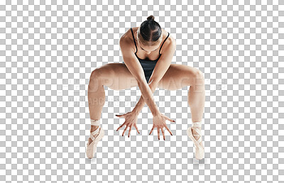 Creativity, art and ballet, woman isolated on transparent png background with stretching body or flexible legs. Ballerina dancer training in theatre performance, dance and balance for fitness energy