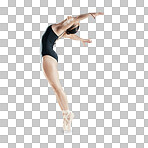 Jumping, art and ballet, woman isolated on transparent png background and body stretching or flexible. Ballerina dancer training in theatre performance, creative dance and balance for fitness energy