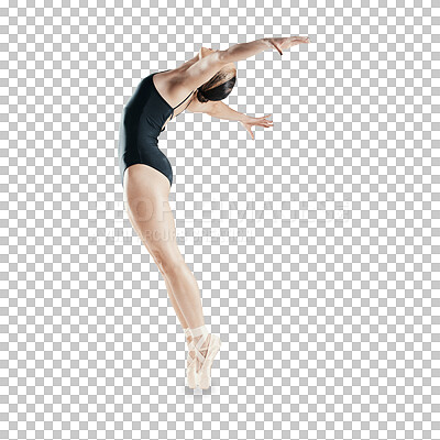Jumping, art and ballet, woman isolated on transparent png background and body stretching or flexible. Ballerina dancer training in theatre performance, creative dance and balance for fitness energy