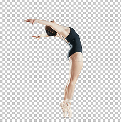 Ballet, dance and woman, body and balance with creativity and sports isolated on transparent png background. Health, skill and fitness with young ballerina, performance and art at dancing academy