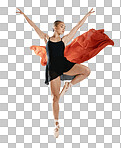 Ballet, dance and woman with red, fabric or artist with silk material on isolated, transparent or png background. Ballerina, jump or balance with wind, air or freedom in performance and aesthetic