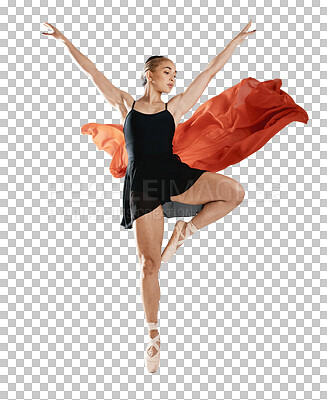 Ballet, dance and woman with red, fabric or artist with silk material on isolated, transparent or png background. Ballerina, jump or balance with wind, air or freedom in performance and aesthetic