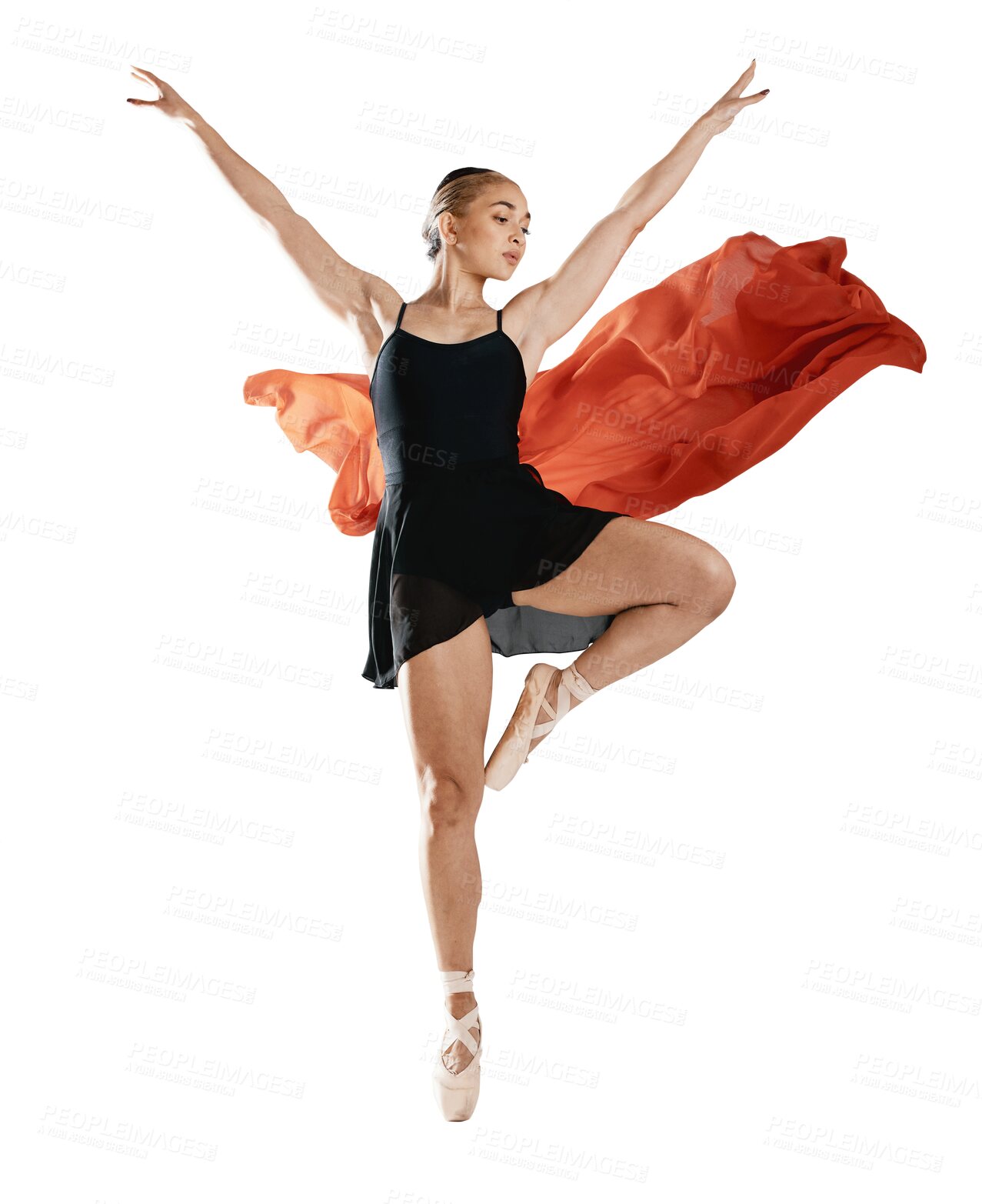 Buy stock photo Ballet, dance and woman with red, fabric or artist with silk material on isolated, transparent or png background. Ballerina, jump or balance with wind, air or freedom in performance and aesthetic