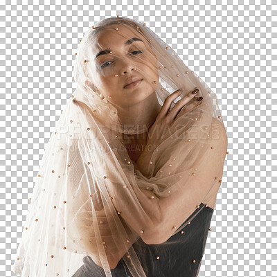 Woman, fashion and posing with veil for beauty, makeup and hands for accessories, pearls and isolated on a transparent png background. Model bride, mesh and net for dancer, cosmetics and aesthetic