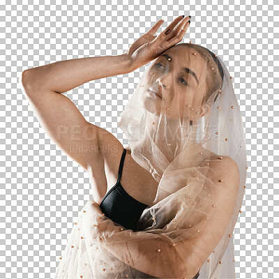 Woman, ballet and beauty with veil in dance, art or broadway performance isolated on a transparent PNG background. Female person or ballerina in relax, fashion or pose in stance, practice or training