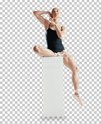 Ballet, stretching and woman dancer balance on box on isolated, png and transparent background. Sports, movement and person pose for theater performance, gymnastics training and creative dance