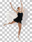 Art, ballet and woman with classic dancing for concert, performance or theater training. Creative, elegant and flexible female ballerina dancer practicing jump isolated by transparent png background.