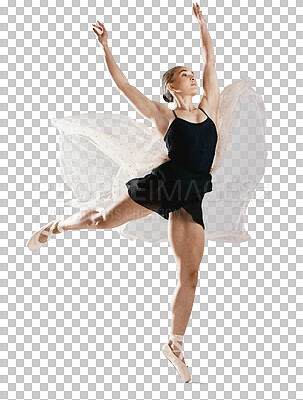Art, ballet and woman with classic dancing for concert, performance or theater training. Creative, elegant and flexible female ballerina dancer practicing jump isolated by transparent png background.