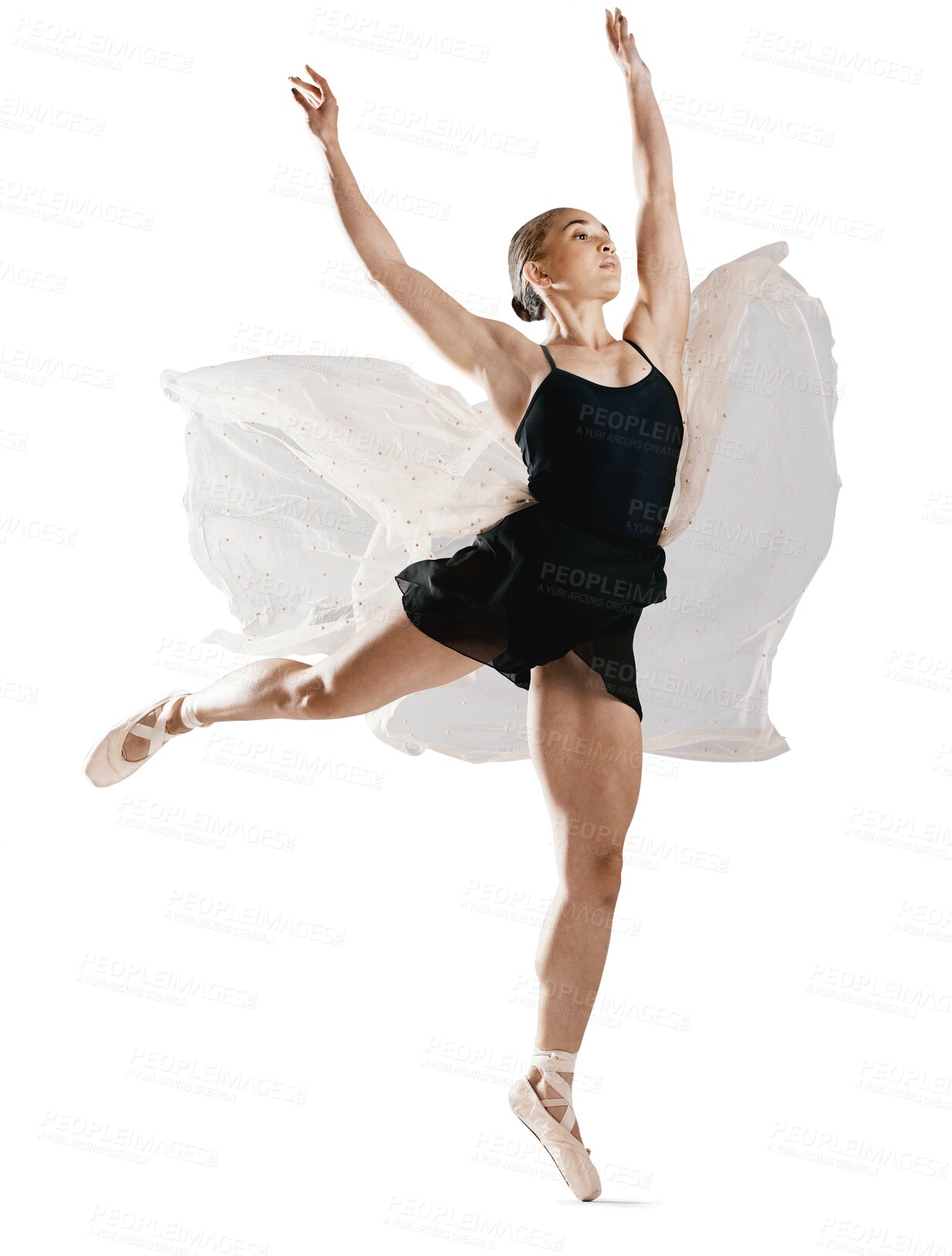 Buy stock photo Art, ballet and woman with classic dancing for concert, performance or theater training. Creative, elegant and flexible female ballerina dancer practicing jump isolated by transparent png background.