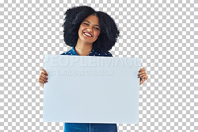 Buy stock photo Advertising poster, mockup and portrait of happy woman with commercial info, brand logo design or sale promotion. Banner space, billboard signage or person announcement on transparent, png background