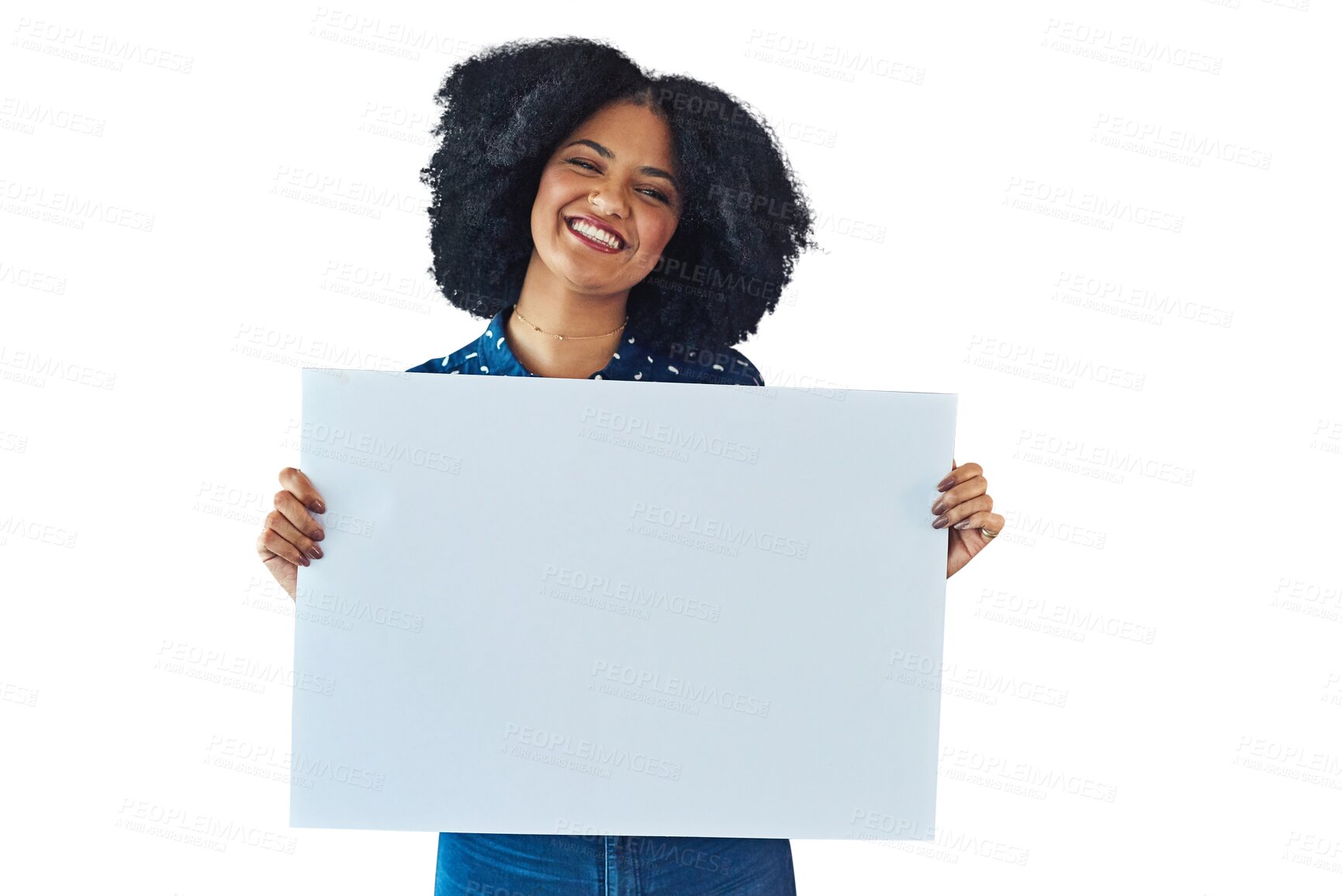 Buy stock photo Advertising poster, mockup and portrait of happy woman with commercial info, brand logo design or sale promotion. Banner space, billboard signage or person announcement on transparent, png background