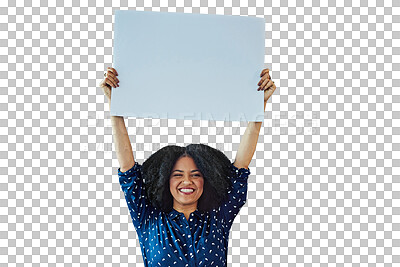 Buy stock photo Woman, poster mockup and presentation for advertising opportunity, news and learning announcement. Portrait of african person or student, card and education isolated on a transparent, png background