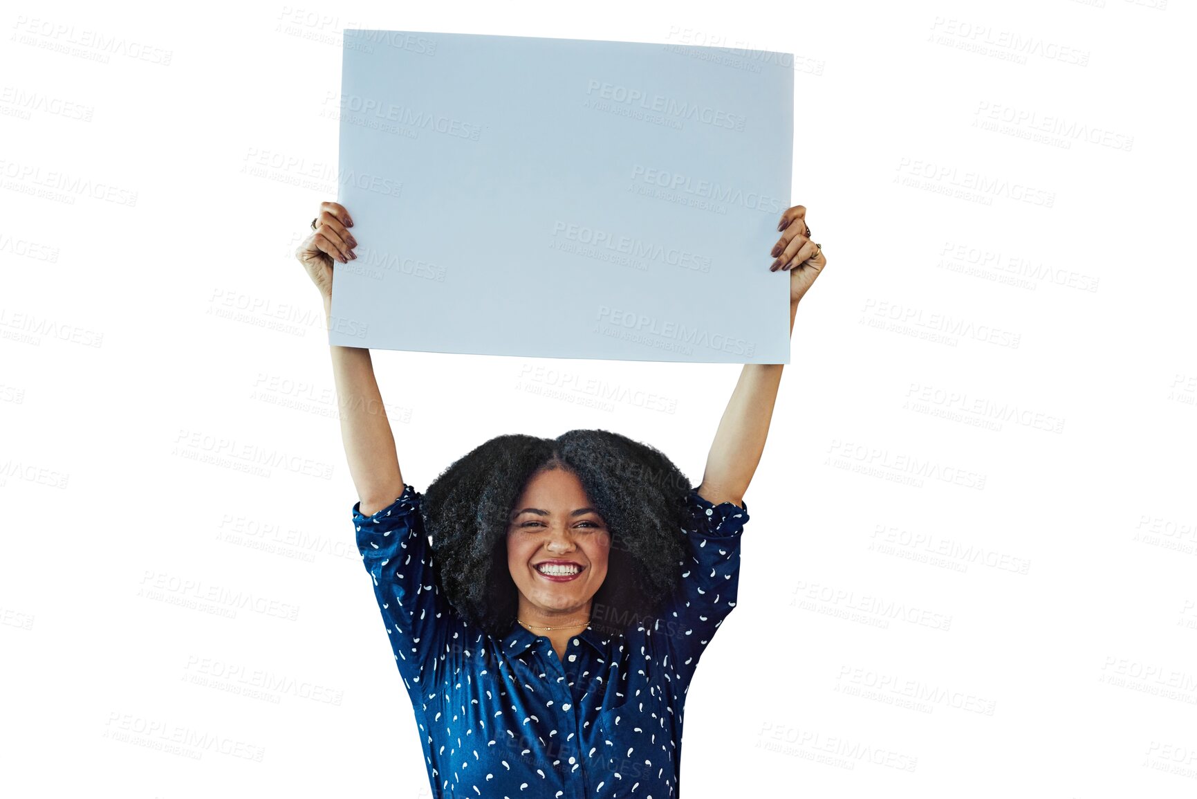 Buy stock photo Woman, poster mockup and presentation for advertising opportunity, news and learning announcement. Portrait of african person or student, card and education isolated on a transparent, png background