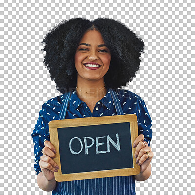 Buy stock photo Store opening, woman and chalk board with smile, welcome and invitation for shopping at cafe. Manager, owner and waitress by start up, working for success and isolated on a transparent png background