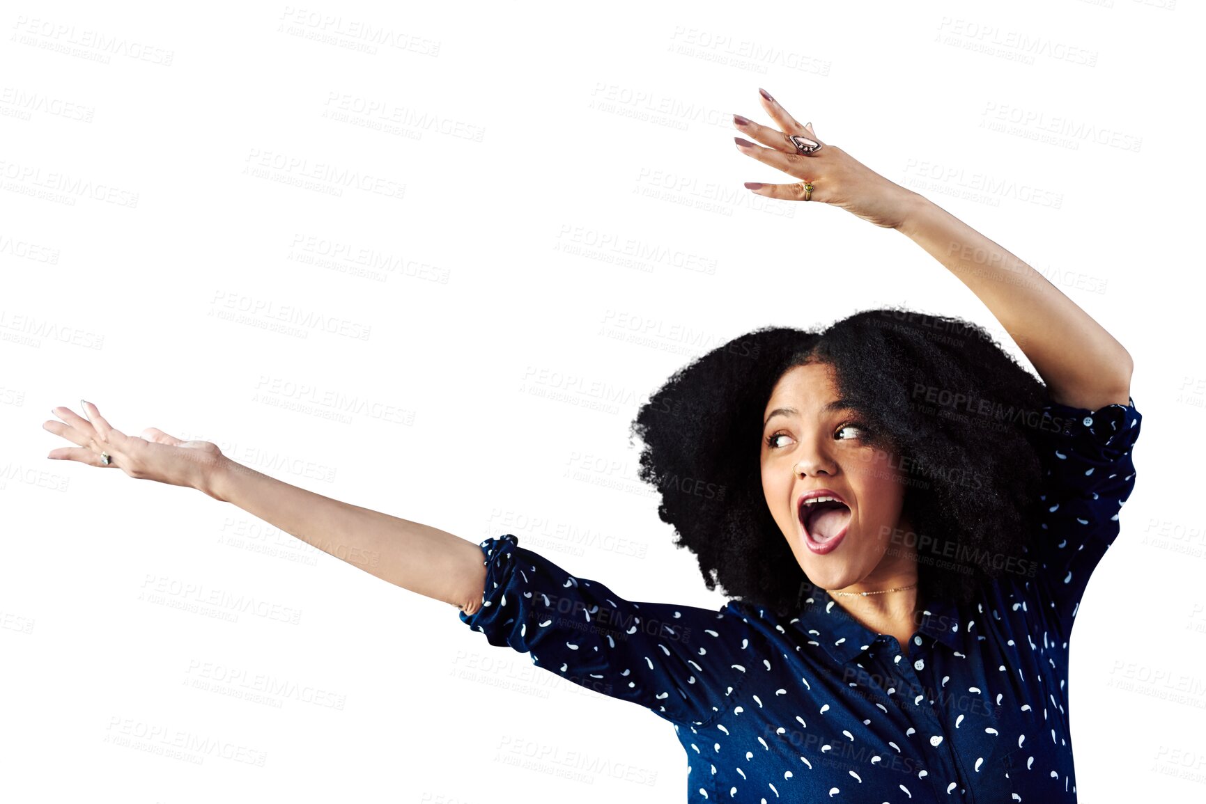 Buy stock photo Excited, presentation and palm space of woman isolated on a transparent png background. Happy African person with hand for advertising, marketing and commercial promotion offer, announcement and info