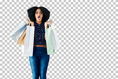 Buy stock photo Woman, wow and shopping bag for fashion discount, sale or winner winning in retail giveaway. African person or customer, portrait and commerce surprise or gift isolated on transparent png background