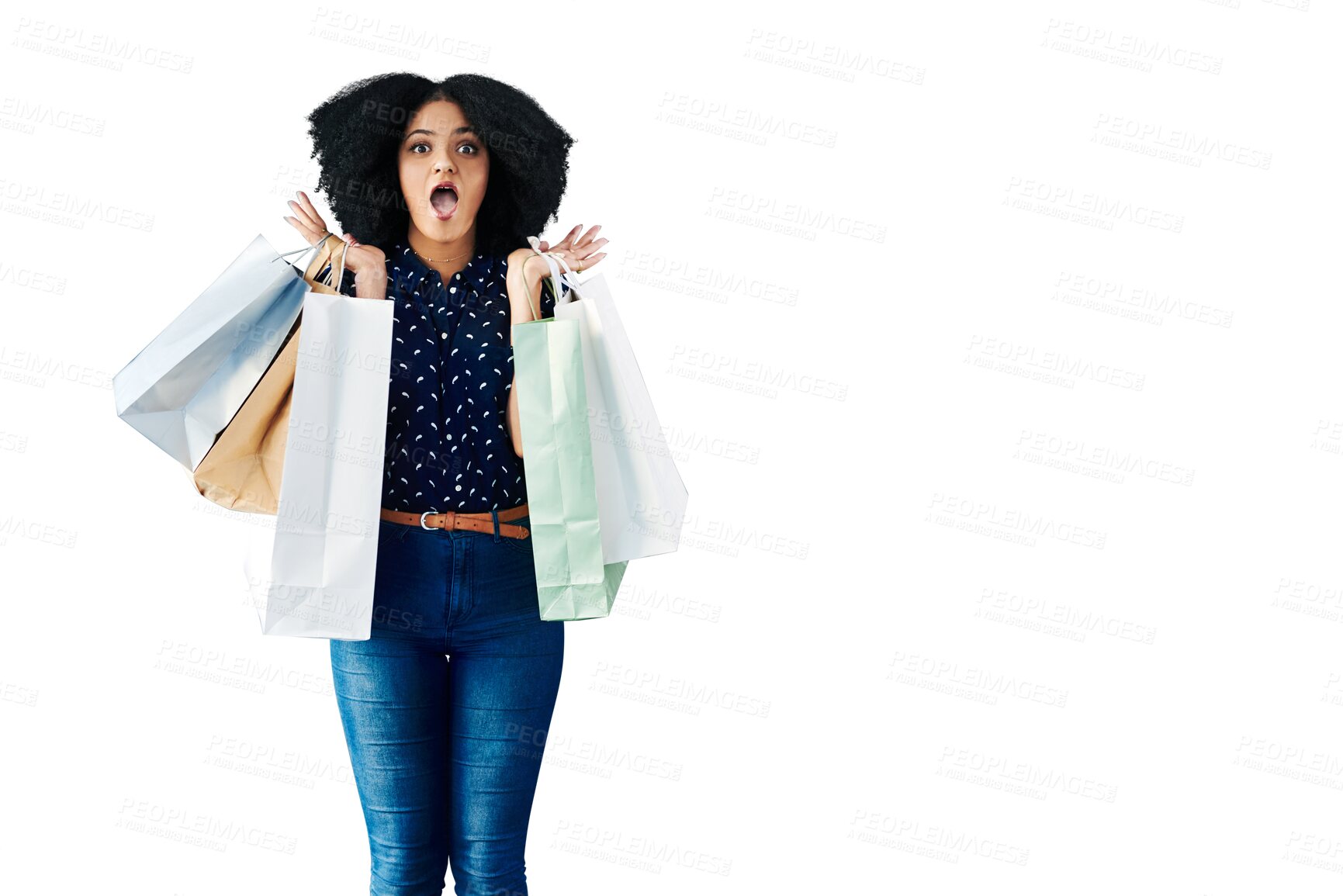 Buy stock photo Woman, wow and shopping bag for fashion discount, sale or winner winning in retail giveaway. African person or customer, portrait and commerce surprise or gift isolated on transparent png background