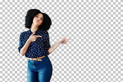 Buy stock photo Happy woman, portrait and pointing in sale advertising or marketing isolated on a transparent PNG background. Female person or ambassador smile showing notification, discount or deal in advertisement