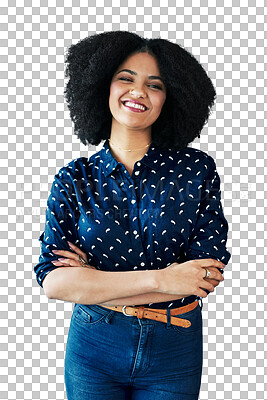 Buy stock photo Portrait, smile and woman with arms crossed for fashion isolated on a transparent png background. Happy person in casual clothes, confidence and trendy style in cool jeans or outfit in South Africa