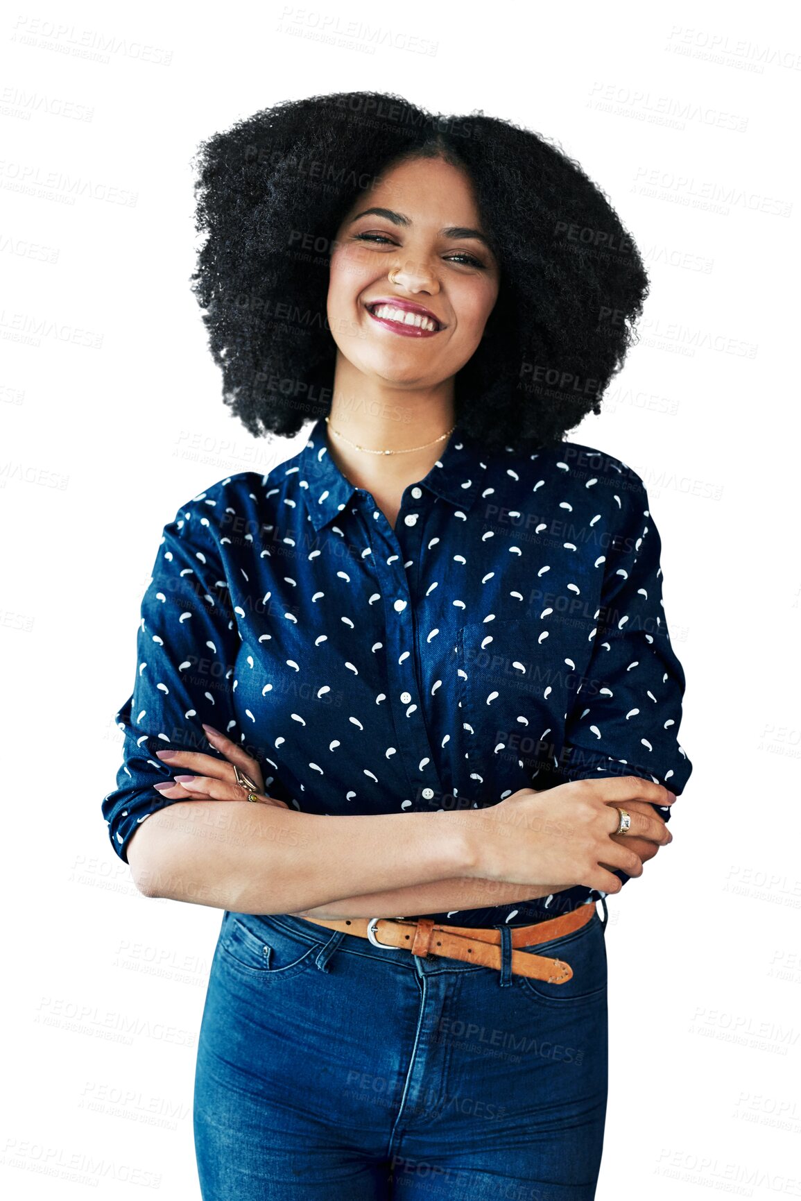 Buy stock photo Portrait, smile and woman with arms crossed for fashion isolated on a transparent png background. Happy person in casual clothes, confidence and trendy style in cool jeans or outfit in South Africa