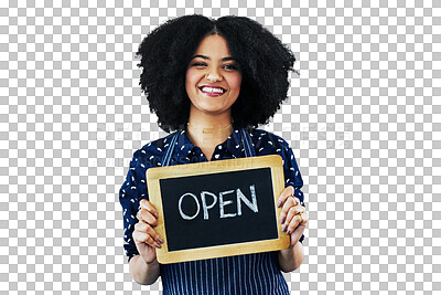 Buy stock photo Happy woman, portrait and open sign in small business advertising isolated on a transparent PNG background. Female person or waitress smile with poster or billboard in welcome or ready for service