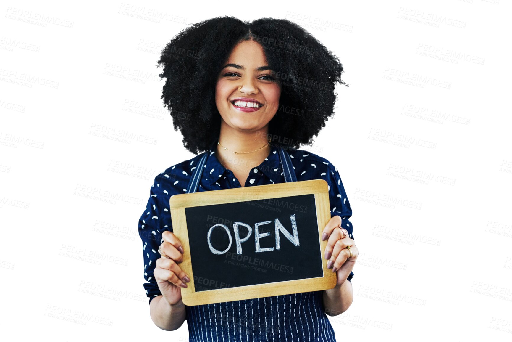 Buy stock photo Happy woman, portrait and open sign in small business advertising isolated on a transparent PNG background. Female person or waitress smile with poster or billboard in welcome or ready for service