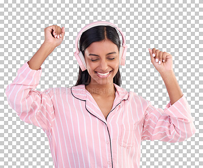 Happy, dance and woman in pajamas, headphones and cheerful on a blue studio background. Female, joyful and lady with headset, waking up and dancing with sounds, streaming music and songs for movement