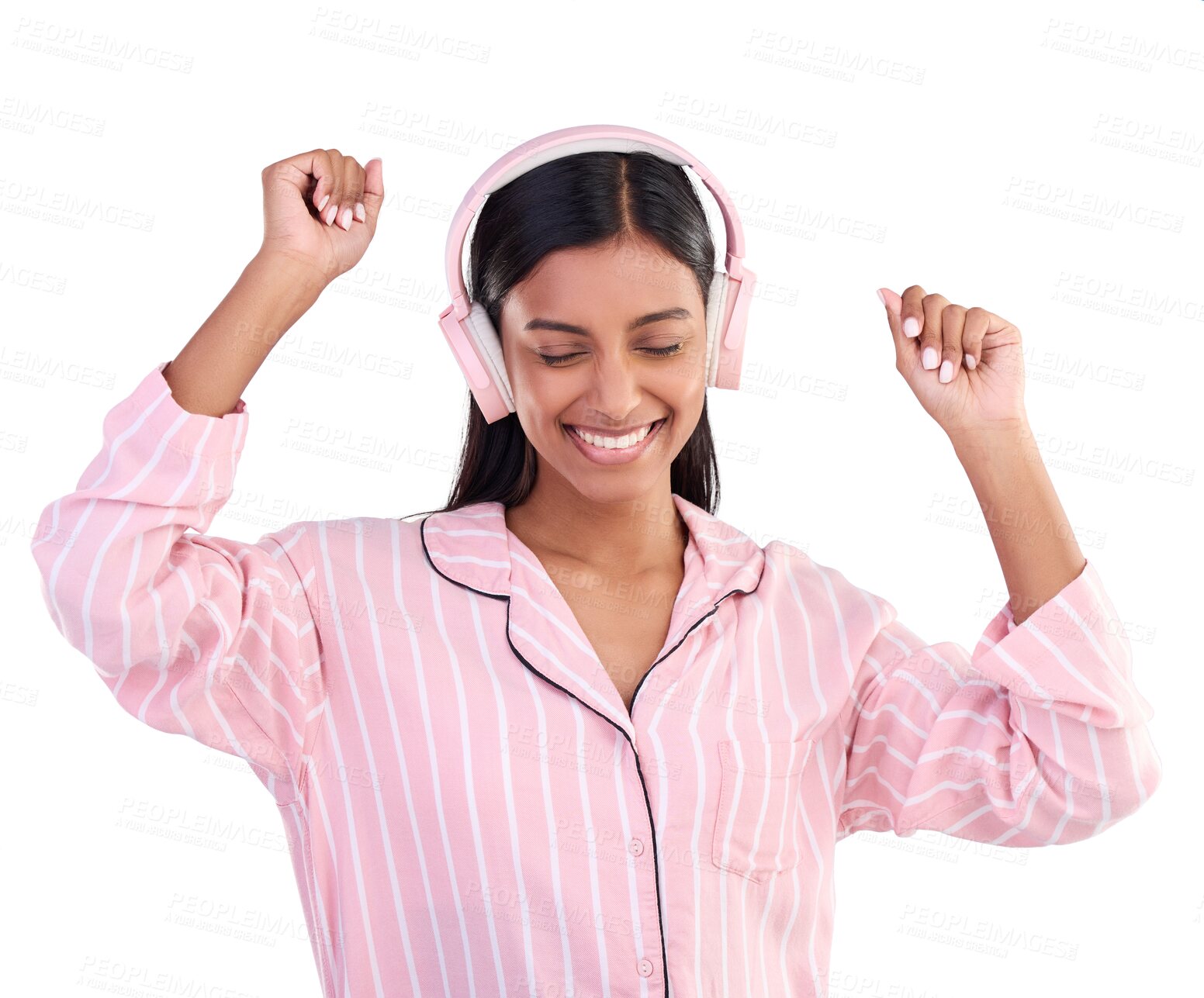 Buy stock photo Smile, dance and woman in pajamas, headphones and happiness isolated on a transparent background. Person, joyful and happy girl with headset, waking up and energy with sounds, streaming music and png