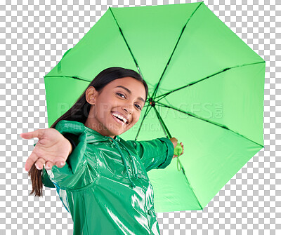 Portrait, smile and woman with umbrella, excited and expression against blue studio background. Face, female and person with cover from rain, happiness and excitement with joy, adventure and carefree