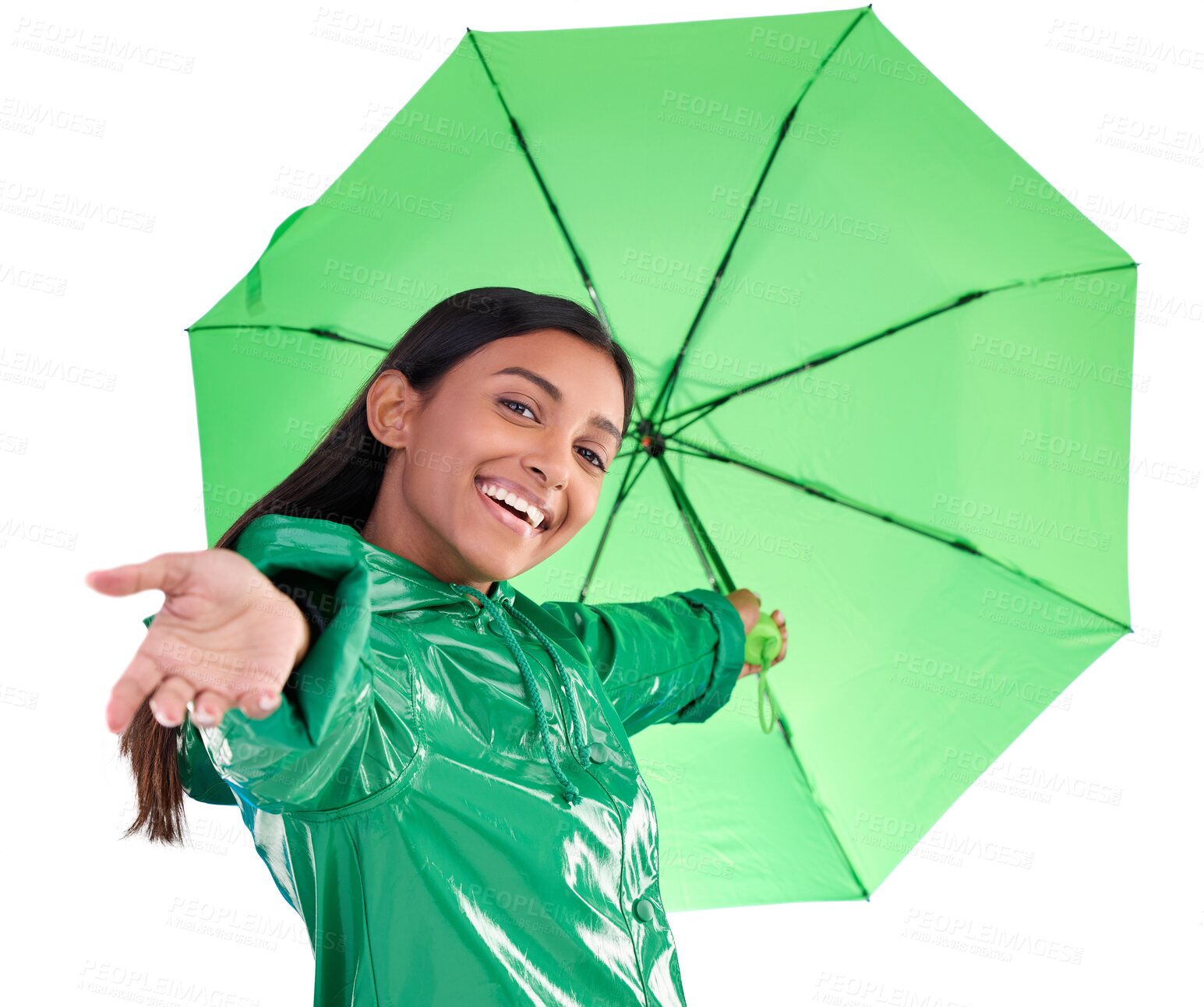 Buy stock photo Happy, smile and portrait of woman with an umbrella for life insurance or protection with trendy fashion. Happiness, weather and Indian model with rain shelter isolated by transparent png background.