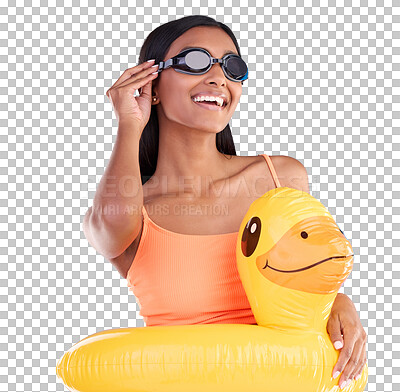 Goggles, smile and rubber duck with a woman on a blue background in studio ready for summer swimming. Happy, travel and vacation with an attractive young female looking excited to relax or swim