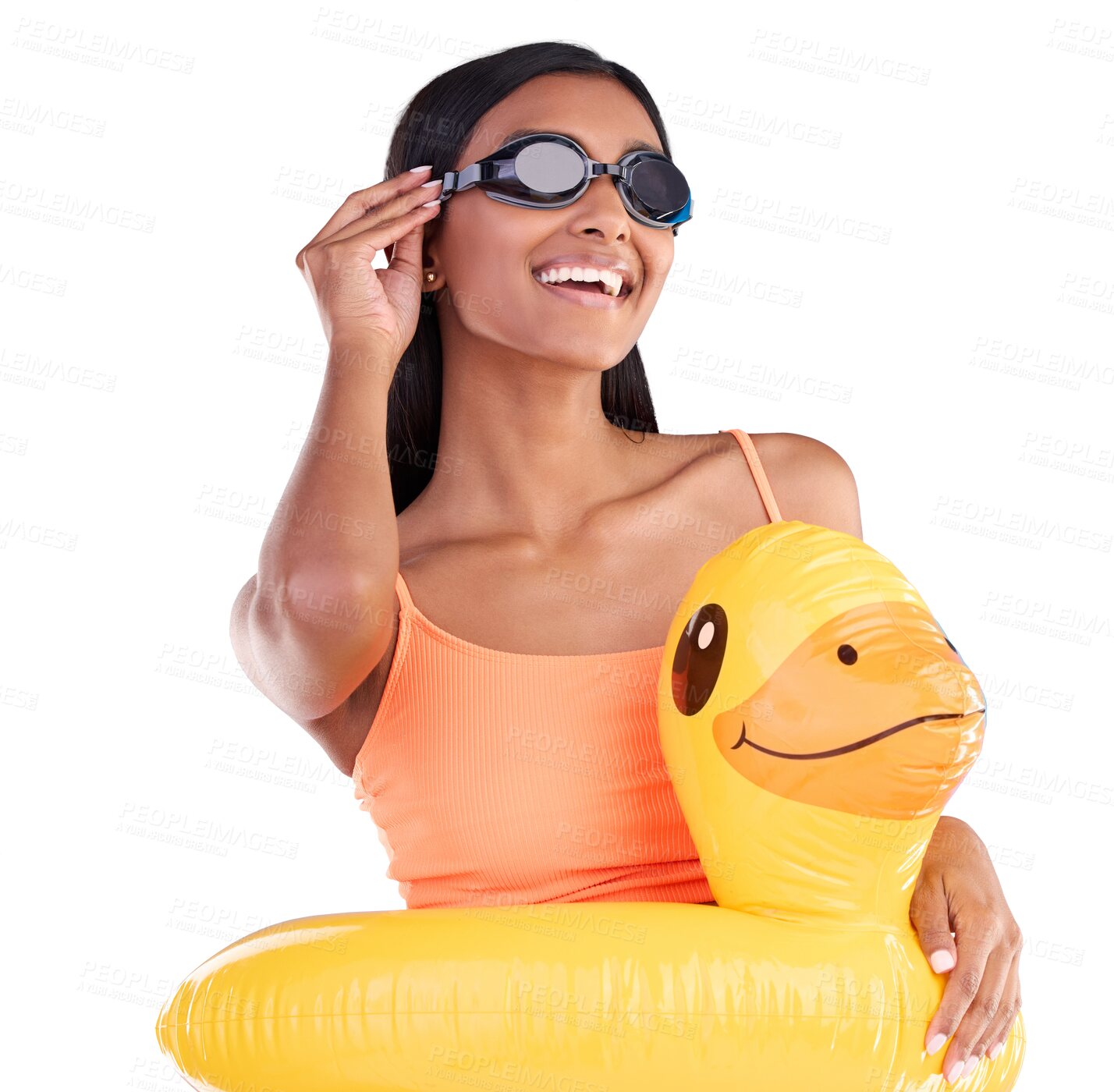 Buy stock photo Woman, happy, and swim with rubber duck for summer on holiday, vacation or travel to relax. Indian person, smile and joy on face in isolated or a transparent png background with idea, goggles and toy