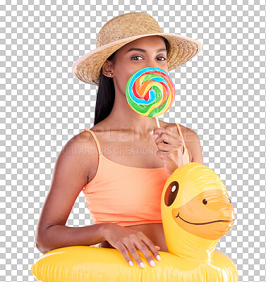 Buy stock photo Portrait, woman and lollipop in summer for swim with rubber duck, float and relax on holiday. Female model, Indian and isolated on a transparent png background with swimsuit, hat and rainbow treat
