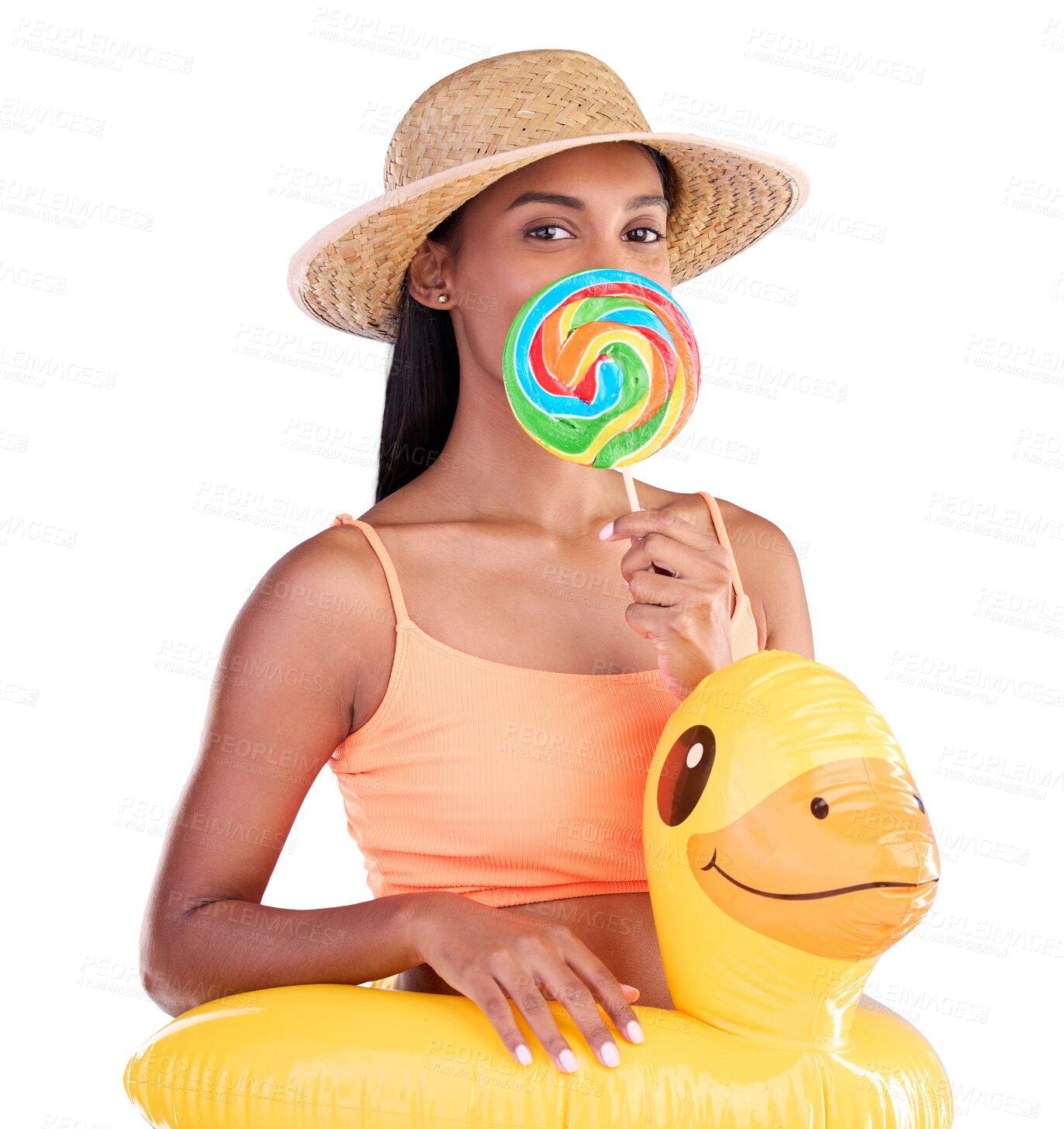 Buy stock photo Portrait, woman and lollipop in summer for swim with rubber duck, float and relax on holiday. Female model, Indian and isolated on a transparent png background with swimsuit, hat and rainbow treat
