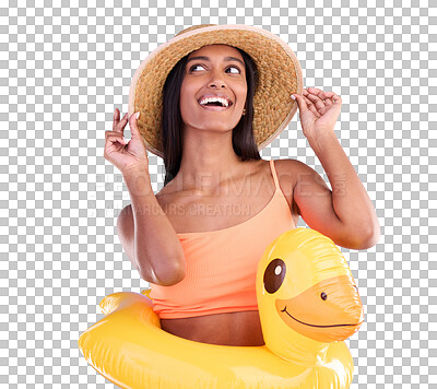 Thinking, hat and rubber duck with a woman on a blue background in studio ready for summer swimming. Happy, travel and vacation with an attractive young female looking excited to relax or swim