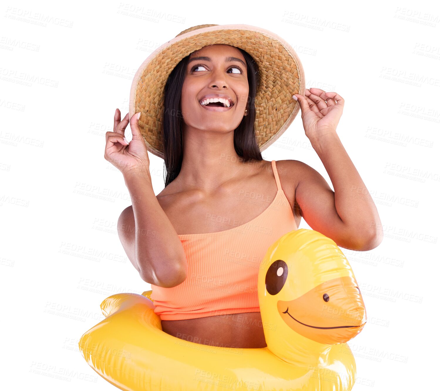 Buy stock photo Woman, pool float and water for beach or travel in summer with smile isolated on transparent png background. Female, swim ring and happiness at holiday or resort in bikini relaxing, trip or vacation