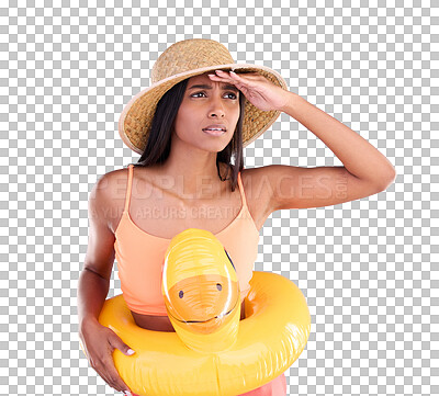 Studio, shocked woman on beach and vacation on blue background, looking or search with hat and hand on face. Travel, pool holiday and worried girl with inflatable rubber duck, ocean wear on holiday.