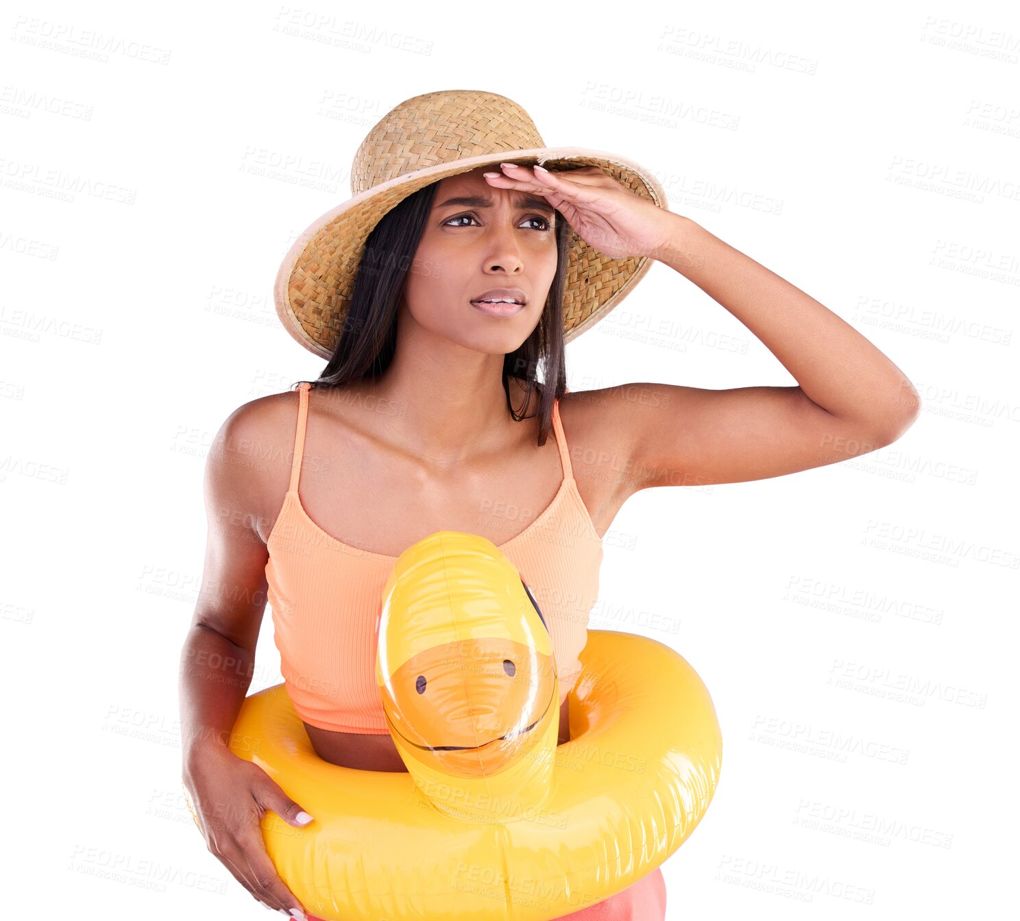 Buy stock photo Looking, beach and woman on search isolated on transparent png background, vacation with hat and swimwear. Travel, pool holiday and worried girl with inflatable rubber duck, ocean fashion on holiday.