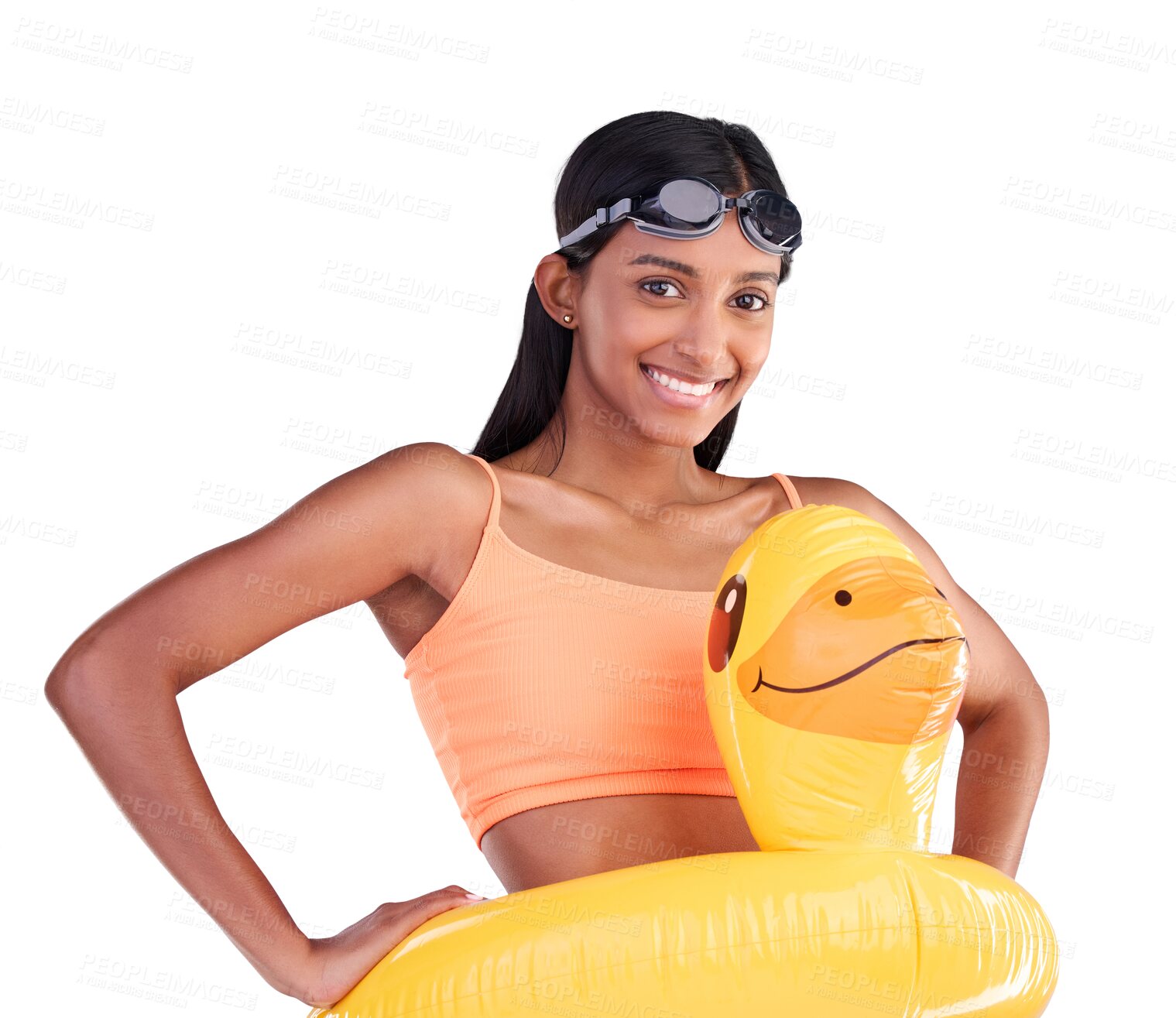 Buy stock photo Inflatable duck, smile and portrait of woman for summer, swimming or holiday. Face, Indian person in pool float and beach vacation, travel and confident tourist isolated on transparent png background