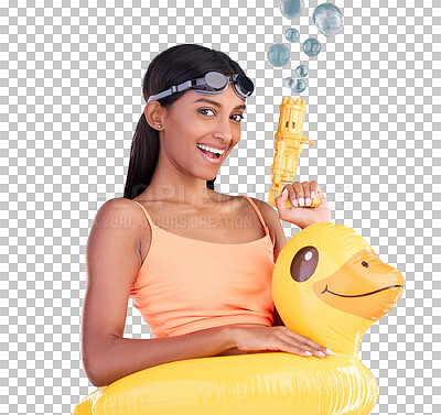 Portrait, bubbles and rubber duck with a woman on a blue background in studio ready for summer swimming. Happy, vacation and goggles with an attractive young female looking excited to relax or swim