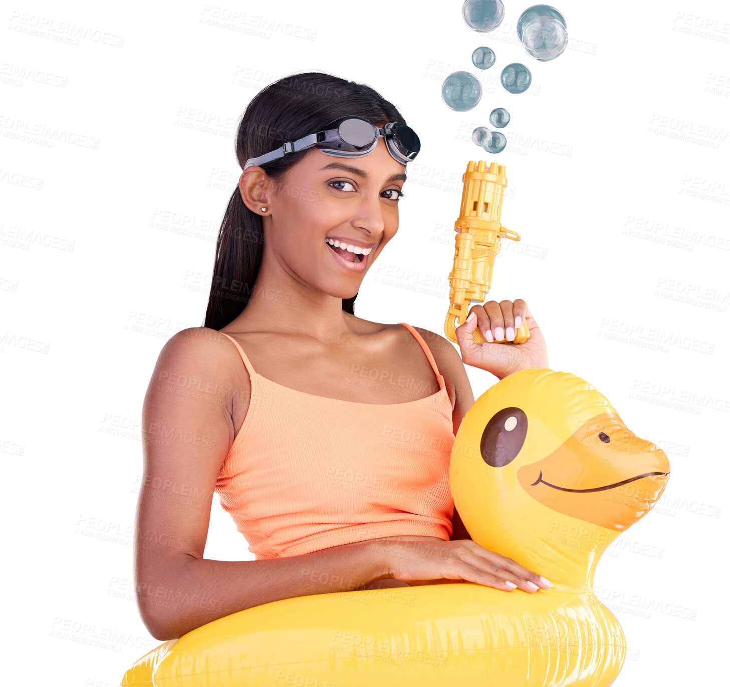 Buy stock photo Rubber duck, bubble gun and portrait of woman for summer, swimming or holiday. Face, excited Indian person in pool float and beach vacation to travel at hotel isolated on a transparent png background