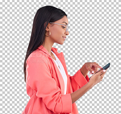 Woman, phone and fashion in social media, communication or browsing against a blue studio background. Stylish female typing on mobile smartphone app for business, networking or research on mockup