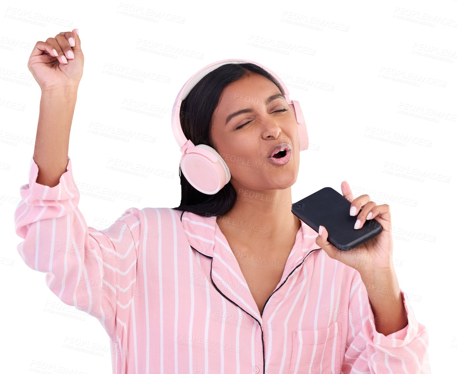 Buy stock photo Woman, pyjamas and phone with singing and headphones for streaming music isolated on transparent png background. Female person, playlist and happiness with energy before bed, relaxing and freedom