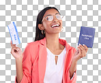 Happy woman, passport and ticket for travel, flight or USA documents against a blue studio background. Portrait of female business traveler smile holding international boarding pass or ID for trip