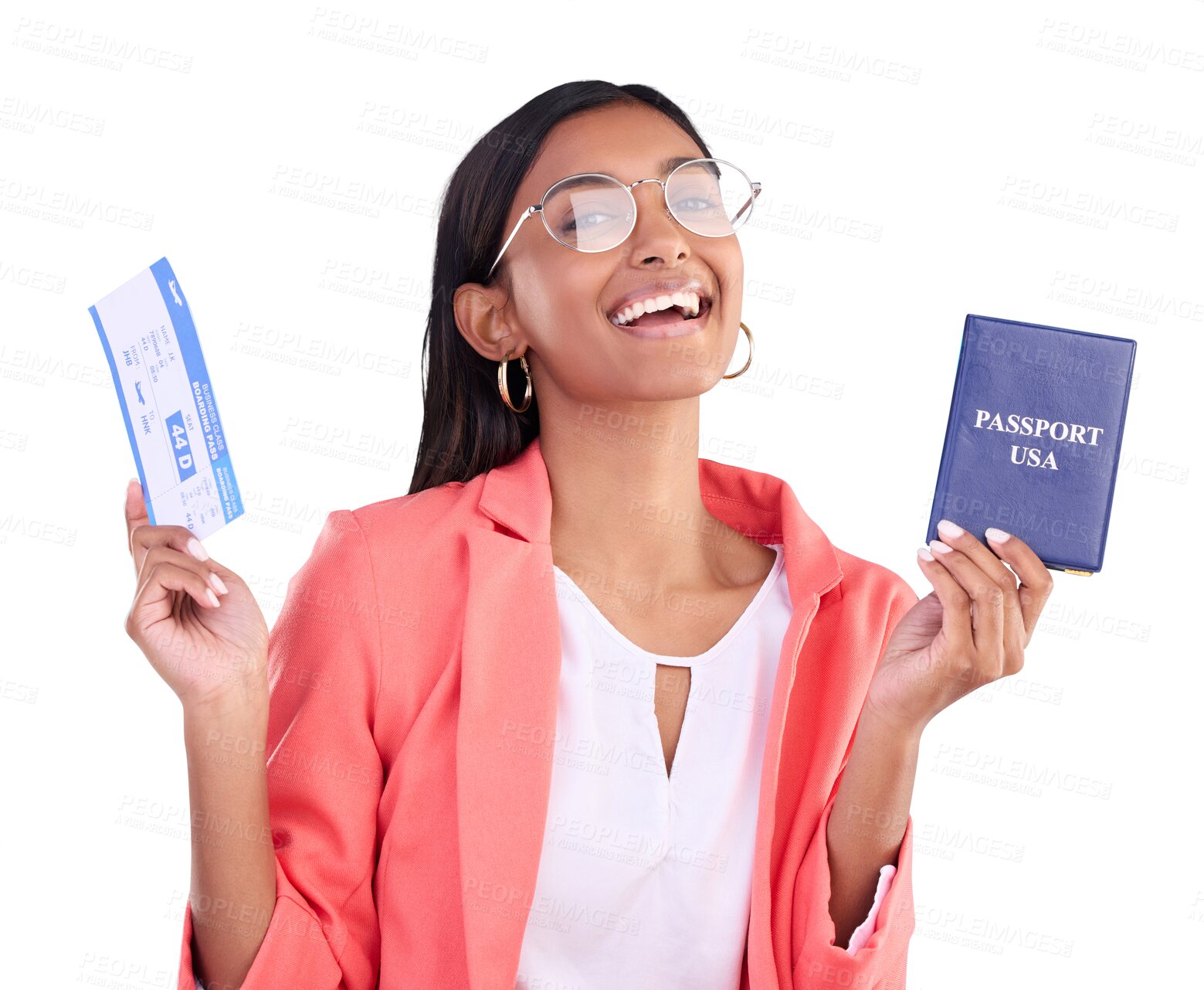 Buy stock photo Young woman, passport and ticket for travel success, USA immigration and holiday isolated on transparent png background. Portrait of happy indian person with ID documents, vacation or flight receipt