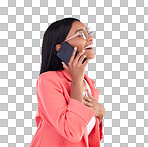 Happy business woman, phone call and laughing for funny joke, meme or conversation against a blue studio background. Female employee laugh, humor and talking on mobile smartphone in fun discussion