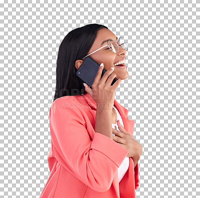 Buy stock photo Phone call, communication and professional woman laughing at funny discussion, feedback joke or conversation humour. Cellphone, comedy and profile of Indian person on transparent, png background