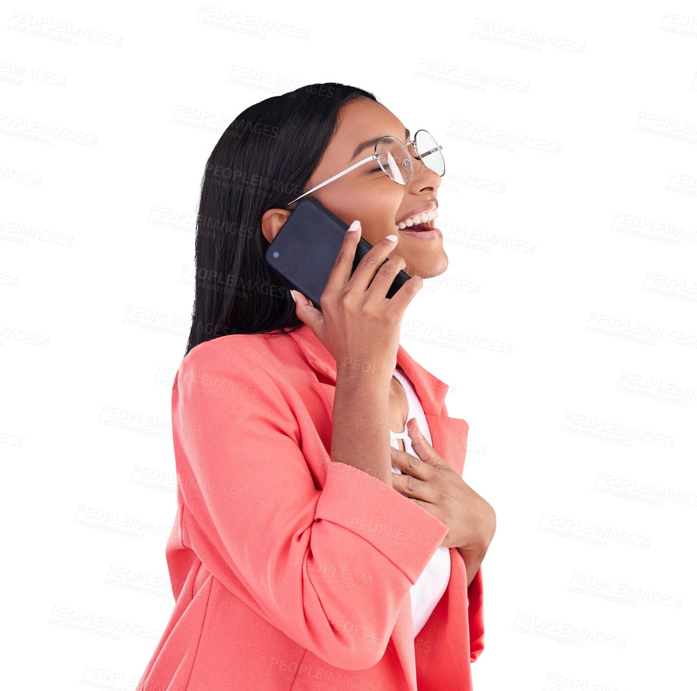 Buy stock photo Phone call, communication and professional woman laughing at funny discussion, feedback joke or conversation humour. Cellphone, comedy and profile of Indian person on transparent, png background